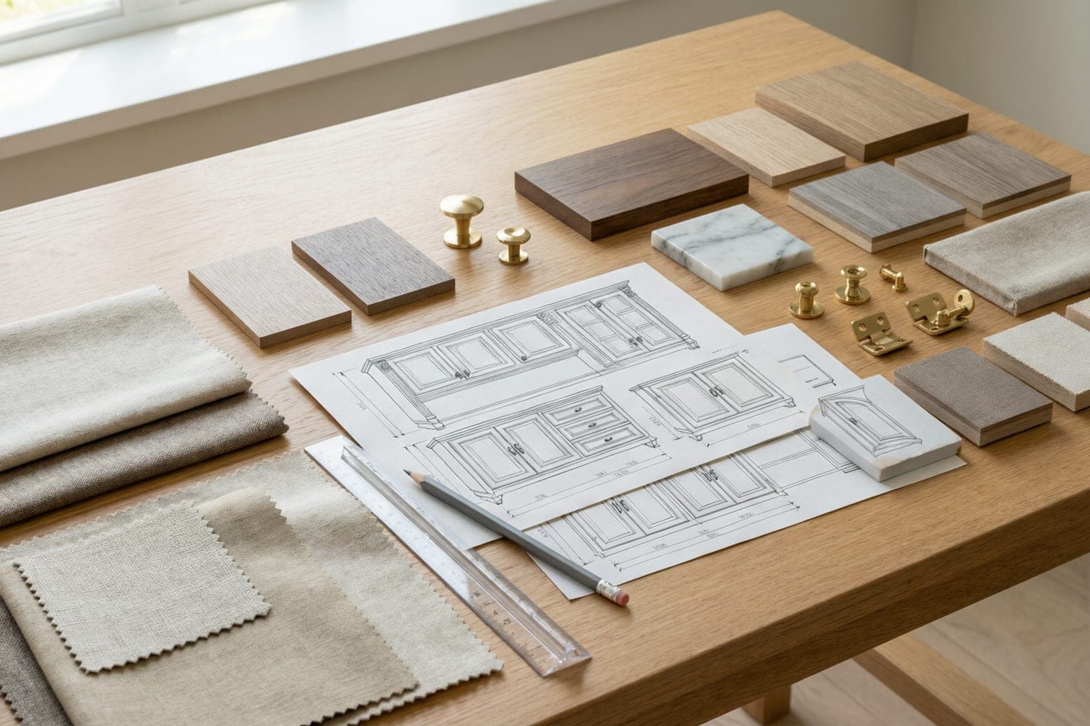 NVF design studio table with cabinetry drawings and material samples
