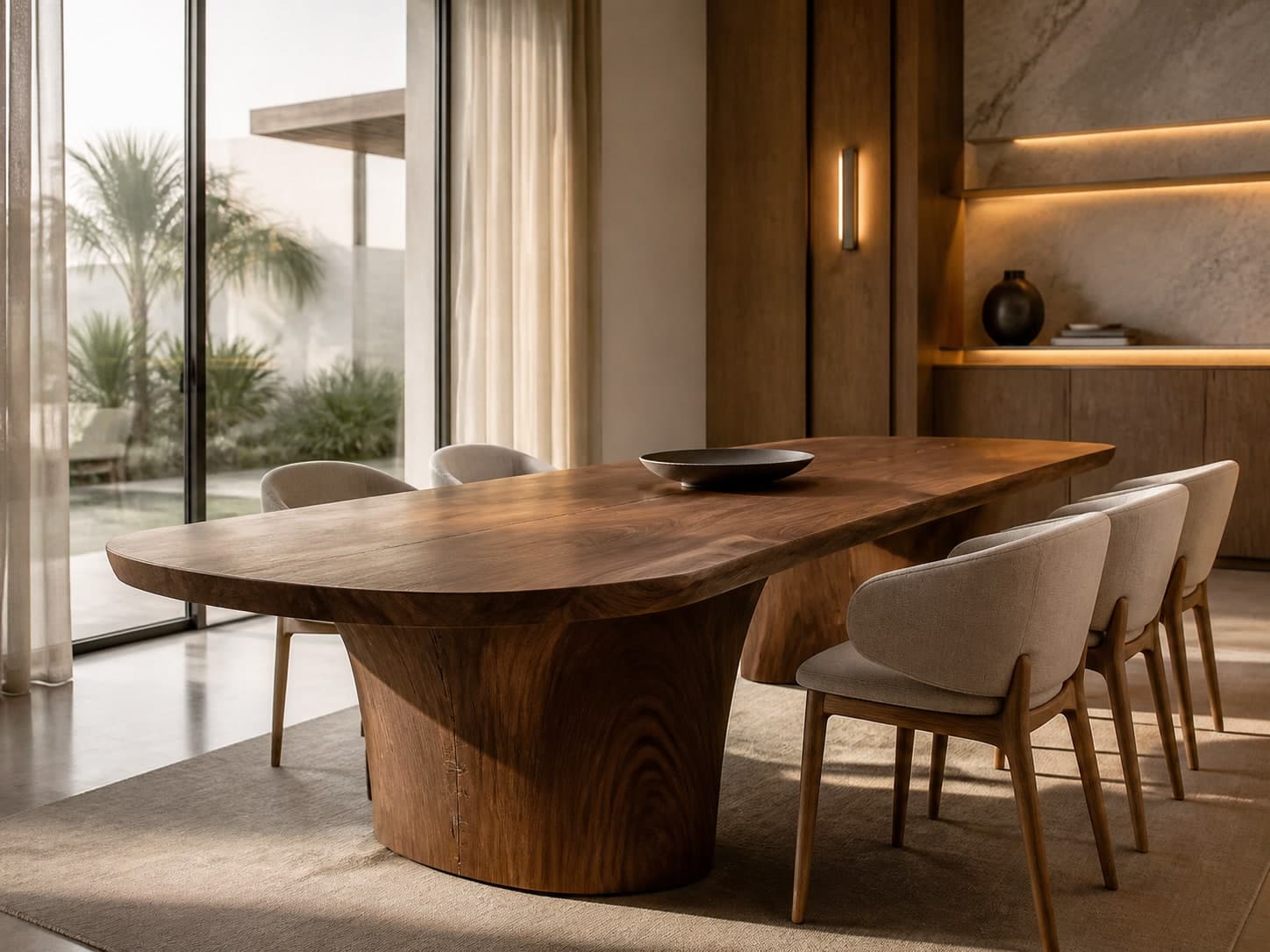 Sculptural solid walnut dining table with tailored upholstered chairs